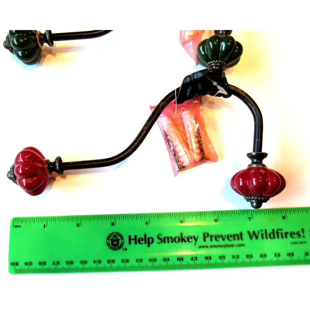 Metal hangers 3 wall hooks beautiful design green red melon ceramic knob 6-3/4in
